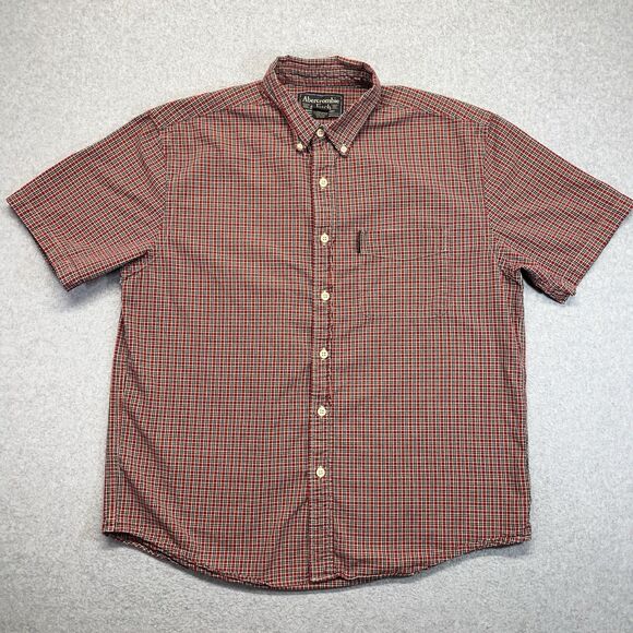 Abercrombie & Fitch Plaid Button-Down Shirt Men’s L Red Short Sleeve Pocket - Picture 1 of 9